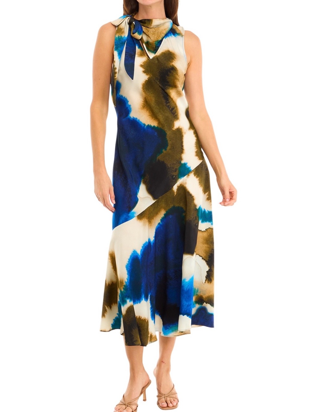 DKNY Tie-Neck Blue & Olive Brushstroke Print Midi Dress M NWT